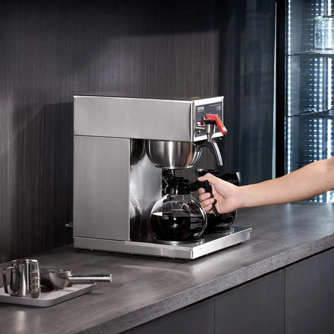 12 Cup Commercial Drip Coffee Maker With 3 Glass Carafes And 3 Warmer Plates, Stainless Steel Pour Over Brewer shown in use