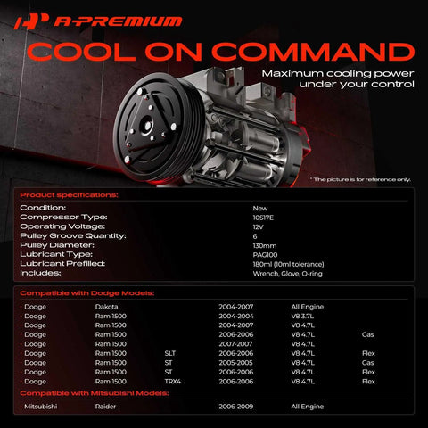 Air Conditioning Compressor With Clutch For Dodge Ram 1500 2004-2007, Dakota 2004-2007 displayed with specifications