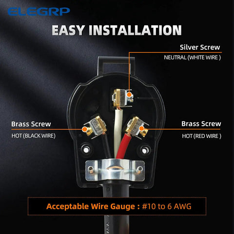 Heavy Duty NEMA 10 30P And NEMA 10 50P Angle Plug internal wiring view with brass contacts and labeled screws for easy installation.