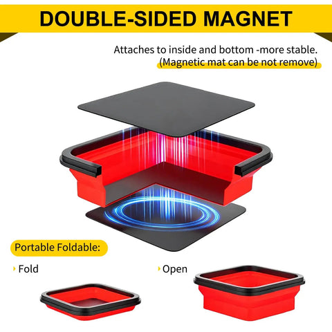 Magnetic Wrench Organizer And Collapsible Magnetic Parts Trays For SAE And Metric Tools with double-sided magnet feature, foldable red silicone tray.