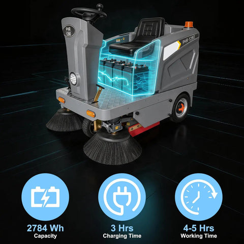 51 Inch Heavy Duty Ride On Industrial Floor Sweeper Machine For Warehouses With Solid Tires Hydraulic Brakes And Efficient Cleaning System To Keep Big Spaces Spotless And Tidy Without The Hassle Of Manual Mopping Or Brooming Daily