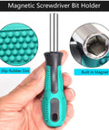 Hand holding 2 Piece One Quarter Inch Hex Quick Change Screwdriver Bit Holder Set With Magnetic Bit Holder And Quick Change Handle.