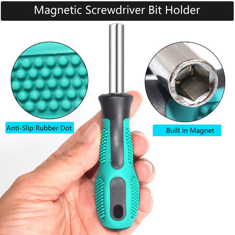 Hand holding 2 Piece One Quarter Inch Hex Quick Change Screwdriver Bit Holder Set With Magnetic Bit Holder And Quick Change Handle.