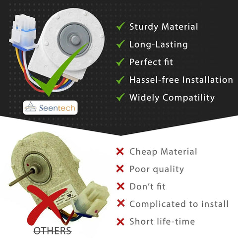 Comparison of Plug And Play Evaporator Fan Motor For Frigidaire Electrolux Refrigerators Exact Fit Replacement and generic motor.