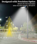 Diagram showing illumination range of 150W LED Parking Lot Light 21000 Lumens 5700K Daylight White, Dusk To Dawn Photocell.