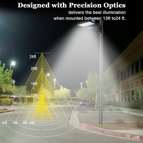 Diagram showing illumination range of 150W LED Parking Lot Light 21000 Lumens 5700K Daylight White, Dusk To Dawn Photocell.