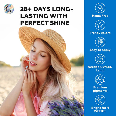 Woman on beach with Six Pastel HEMA Free Gel Nail Polish Set With Beige, Light Purple, Cream, Light Green, Mint, And Baby Blue