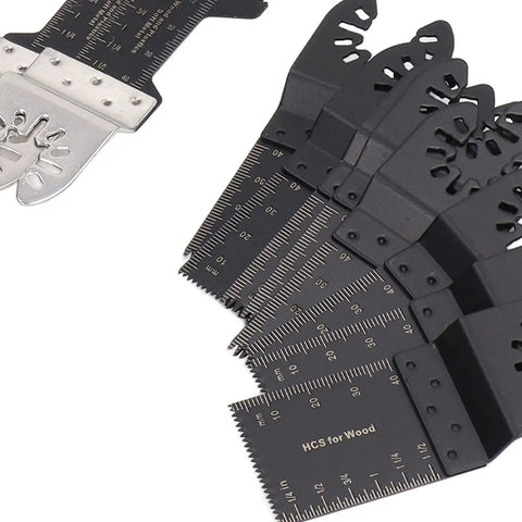18 Piece Oscillating Multitool Blades Set With Universal Fit For Most Brands, showing high carbon steel blades for wood cutting.