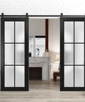 Sturdy Double Barn Door With Frosted Glass In Matte Black Rail Kit For Interior Sliding Doors Two Panels 84 By 96 Inches Each