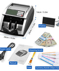 Fast Money Counter Machine For USD And EUR With Value Counting No Fuss Cash Counter Featuring UV IR MG DD DBL HLF CHN Counterfeit Detection Add And Value Modes Large LCD Display, shown with parts and accessories.