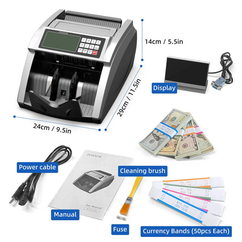 Fast Money Counter Machine For USD And EUR With Value Counting No Fuss Cash Counter Featuring UV IR MG DD DBL HLF CHN Counterfeit Detection Add And Value Modes Large LCD Display, shown with parts and accessories.