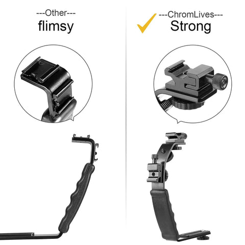 Comparison of other flimsy DSLR L bracket and ChromLives strong Heavy Duty DSLR L Bracket Mount With Dual Cold Shoe Mounts