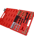 Huge 48Pc Steel Thread Chaser Set With Taps And Dies For Rethreading SAE UNC UNF Metric Threads Perfect Fix For Mechanics And DIY Hobbyists To Repair Workshop Damage In A Jiffy. Open red case with steel taps, dies, files and thread chasers