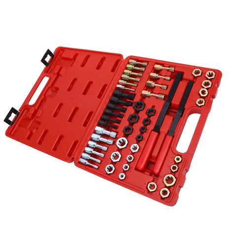 Huge 48Pc Steel Thread Chaser Set With Taps And Dies For Rethreading SAE UNC UNF Metric Threads Perfect Fix For Mechanics And DIY Hobbyists To Repair Workshop Damage In A Jiffy. Open red case with steel taps, dies, files and thread chasers