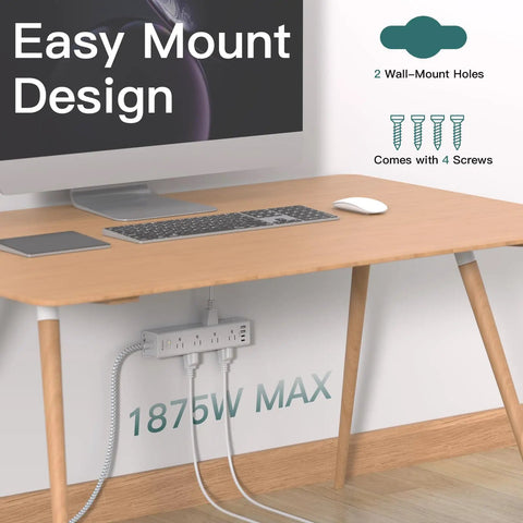 Power Strip With 12 Wide Outlets And 4 USB Ports, 10 Ft Flat Plug Extension Cord, Wall Mountable Surge Protector under desk