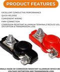 Negative And Positive Battery Cable Terminal Clamps Kit With Quick Release Connectors For Cars Trucks And RVs shown.