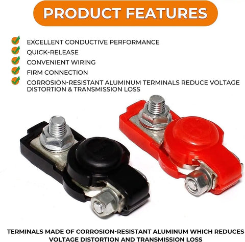 Negative And Positive Battery Cable Terminal Clamps Kit With Quick Release Connectors For Cars Trucks And RVs shown.