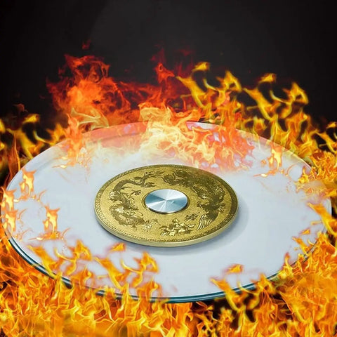 Party Ready Tempered Glass Lazy Susan Turntable 110cm Round Serving Plate with 360 Degree Spin amidst flames.