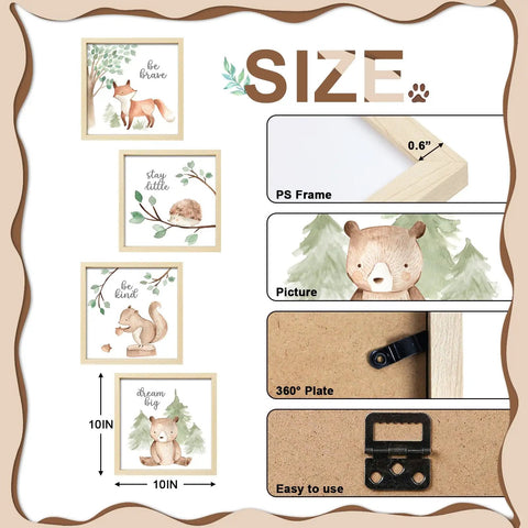 Framed Woodland Nursery Wall Art 4 Pack Cute Forest Animals Prints for Baby Kids Bedroom and Playroom Gallery Wall Set, 10x10 Inch Artwork Featuring Be Brave, Stay Little, Be Kind, Dream Big with fox, hedgehog, squirrel, bear. Size and frame details shown.