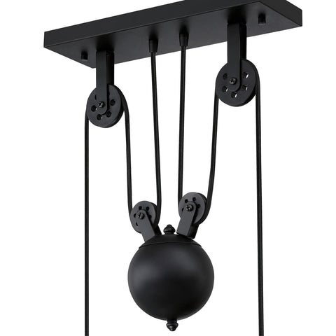 Iron Hill Vintage Style Three Light Indoor Pulley Pendant In Matte Black Finish With Silver Shade Interiors, Adjustable Height