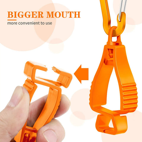 Close-up of Six Pack Glove Clips for Work Belt Loop and Pants with durable plastic clip shown open, showcasing bigger mouth.