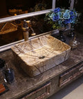 USZWBY Vessel Sinks Bathroom Vessel Sink Vintage Art Countertop Basin Vanity Rectangular Ceramic Washbasin with Faucet on marble countertop