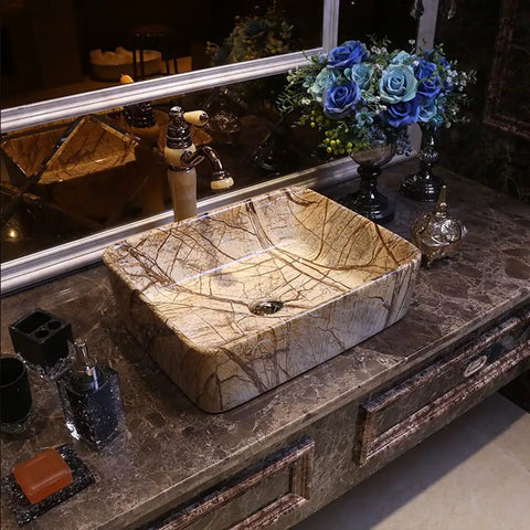 USZWBY Vessel Sinks Bathroom Vessel Sink Vintage Art Countertop Basin Vanity Rectangular Ceramic Washbasin with Faucet on marble countertop