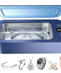 Heavy Hitter Ultrasonic Jewelry Cleaner With Triple Frequency Waves For Shiny Chains And Wristwatches Slick 316 Steel Tub with eyeglasses inside.