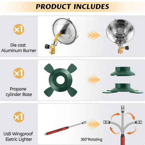 Product includes die-cast aluminum burner, propane cylinder base, and USB windproof electric lighter for 6200BTU Propane Heater.