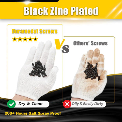 Comparison of black zinc plated screws showing clean vs oily finish, highlighting durability of M3 X 30mm Hex Socket Head Cap Screws Set.