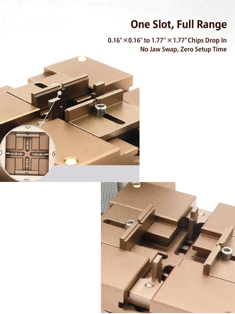 Auto Centering BGA Reballing Station Pro Kit With Aluminum Build, Tool Free 4 Corner Stencil Lock And Height Adjustable Swivel Corners, Auto Fixing Solder Rework System, Includes 3 Random Stencils For Fast, Precise Reballing. close-up of aluminum BGA clamp for 4x4 mm to 45x45 mm chips