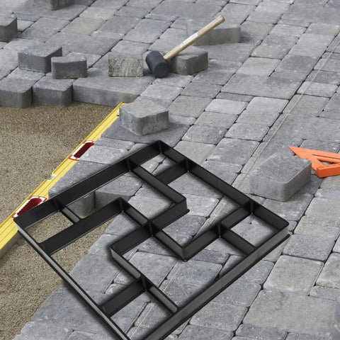 DIY Pavement Mold for Garden Walkways and Patios, Reusable Plastic Path Maker in use for creating stone designs on patio