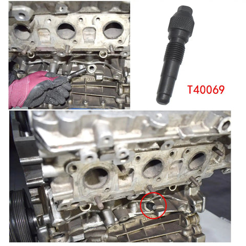 DIY Ready Pro Grade Camshaft Locking And Timing Tool Kit For VW And Audi Engines being set in an engine, tool detail marked T40069