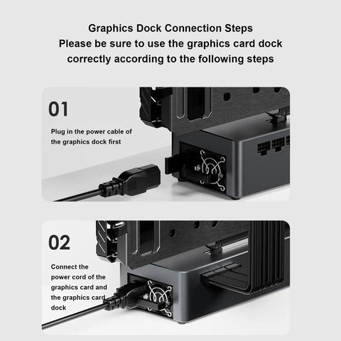 Connection steps for Heavy Duty Egpu Dock Station with 800 Watt Internal Power Brick and PCIe Gen 4 x4 connection.