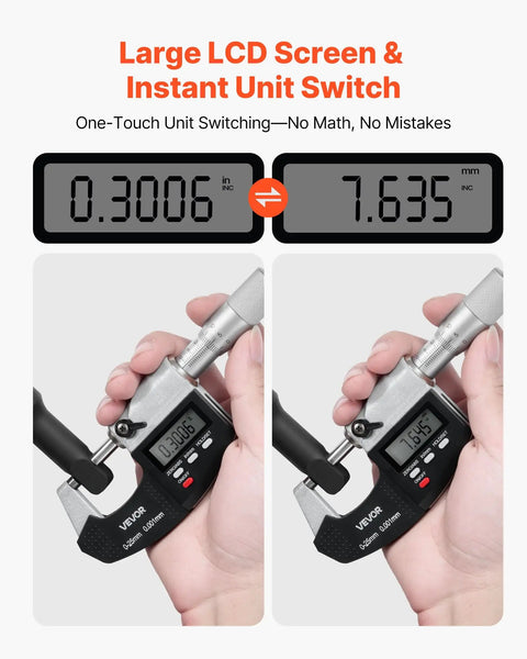 Digital Outside Micrometer Set 0-1 Inch Range With LCD Screen showing conversion between inches and mm