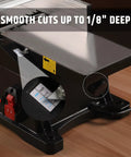 Six Inch Benchtop Jointer With 15 Amp Motor And 12000 Rpm For Slick Cuts Adjustable Fence Up To One Eighth Inch Depth Hss Blades close-up of depth adjustment knob and scale.