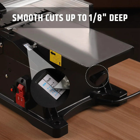 Six Inch Benchtop Jointer With 15 Amp Motor And 12000 Rpm For Slick Cuts Adjustable Fence Up To One Eighth Inch Depth Hss Blades close-up of depth adjustment knob and scale.