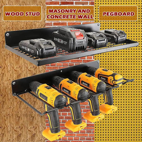 Heavy Duty Power Tool Organizer Rack With Two Levels And Four Cordless Drill Holders, Space Saving Wall Mount Shelf for garage