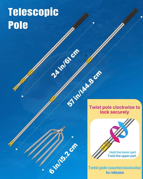 Diagram of Pro Grade Stainless Steel Fishing Spear With 5 Prong Frog Gig Gaff Telescopic Harpoon Pole, showcasing dimensions.