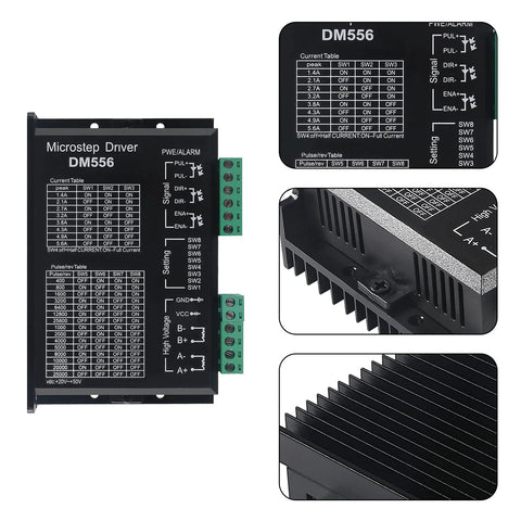 DM556 CNC stepper driver module 2-pack, black metal enclosure with green terminal blocks, front view
DM556 CNC stepper driver module side view, black enclosure with green terminal block
DM556 microstep driver label close-up on black enclosure showing current table and signal diagram
DM556 driver with cooling fins and heatsink, black enclosure