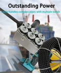 No Sweat Heavy Duty Auto Wire Threading Machine featuring dual 3.0 Ah batteries, flexible wheel assembly for bending pipes.