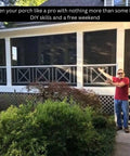 Man standing in front of porch with Aluminum Track Porch Screen Kit for DIY screened-in porch and patio upgrade installed.
