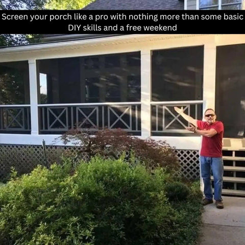 Man standing in front of porch with Aluminum Track Porch Screen Kit for DIY screened-in porch and patio upgrade installed.