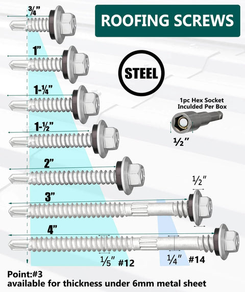Beefy Heavy Duty Self Drilling Roof Screws 12 By 3 Quarter Inch With Hex Head And EPDM Washer Silver Coated Carbon Steel