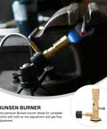 Bunsen Burner Portable Laboratory Gas Burner Brass With Adjustable Air Mix And Gas Flow For Precise Lab Heating And Safe Experiments Pro Grade For Classrooms Workshops And Scientific Research, shown in use for flame adjustment with brass construction.
