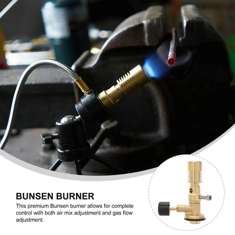 Bunsen Burner Portable Laboratory Gas Burner Brass With Adjustable Air Mix And Gas Flow For Precise Lab Heating And Safe Experiments Pro Grade For Classrooms Workshops And Scientific Research, shown in use for flame adjustment with brass construction.