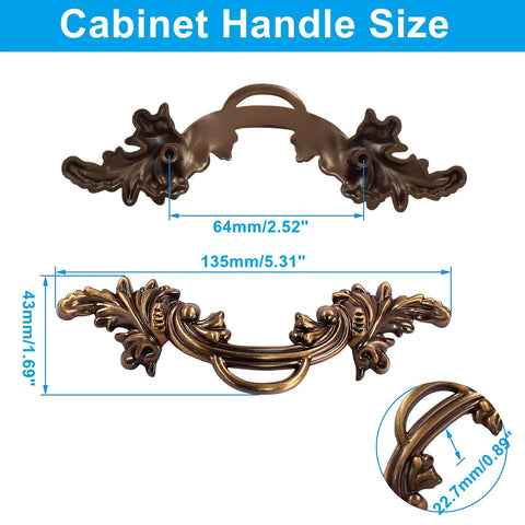 Six-Piece Vintage Cabinet Pulls Handles In Bronze Finish, Shabby Chic European Style Drawer Pulls, 135mm Length, 64mm Spacing