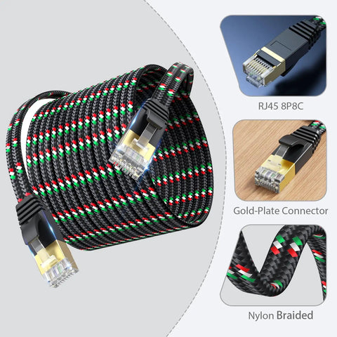 Flat Nylon Braided Cat7 Ethernet Cable 25 Ft Dope Ultra Slim And Heavy Duty Shielded Pure Copper LAN Cord delivers 10Gbps for gaming