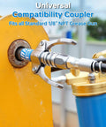 Grease Gun Coupler Kit With 2 Dual Lever Tips, 90 Degree Adapter And 2 Needle Tips attached to a yellow machinery part