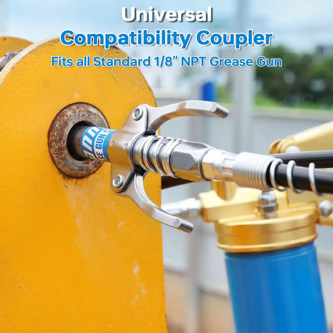 Grease Gun Coupler Kit With 2 Dual Lever Tips, 90 Degree Adapter And 2 Needle Tips attached to a yellow machinery part